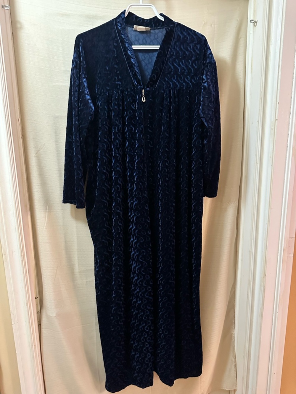 Vintage Carroll Reed Navy Blue Burnout Velvet Zip Front Maxi Robe Duster Dress L